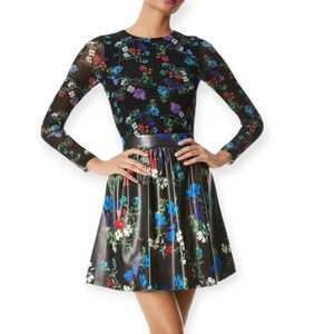 Alice + Olivia Chara Vegan Leather Floral Crew Neck Long Sleeve‎ Skirt Dress